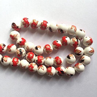 Бусины керамические белые с красным цветком 8мм (арт.1014)
