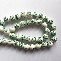 Бусины керамические белые с зелеными цветками 8мм (арт.1019)