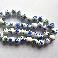 Бусины керамические белые с синим цветком 8мм (арт.1016)